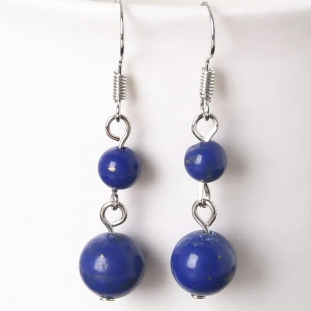 Lapis Lazuli Natural Stone Gemstone Round Beaded Healing Dangle Earrings